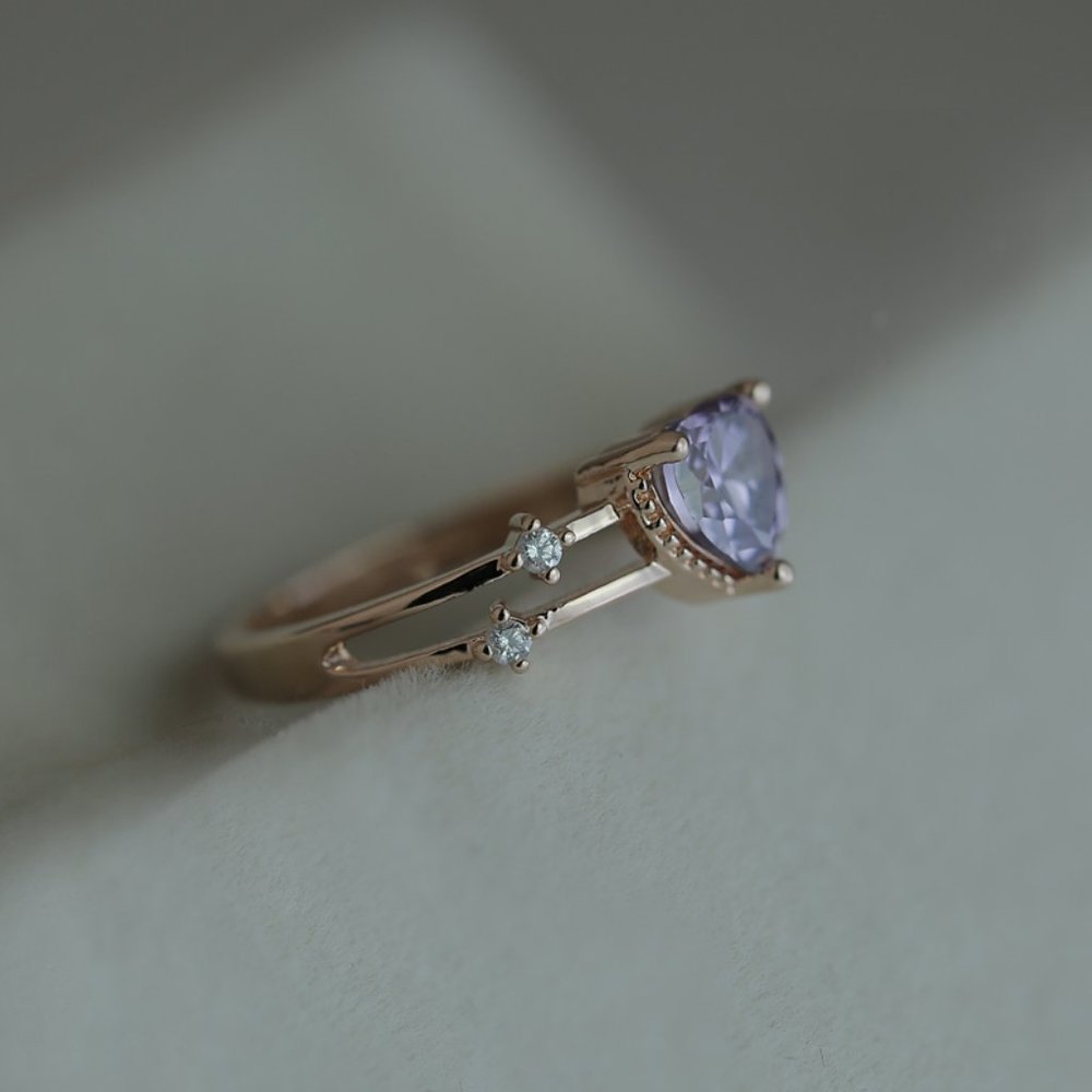 Sweet Heart Royal Purple Gemstone Zircon Double Layer Rings for Women, EVGG1474 - Picture 4 of 7